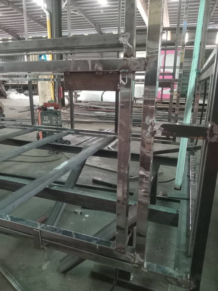 Stainless steel framework being welded in the workshop